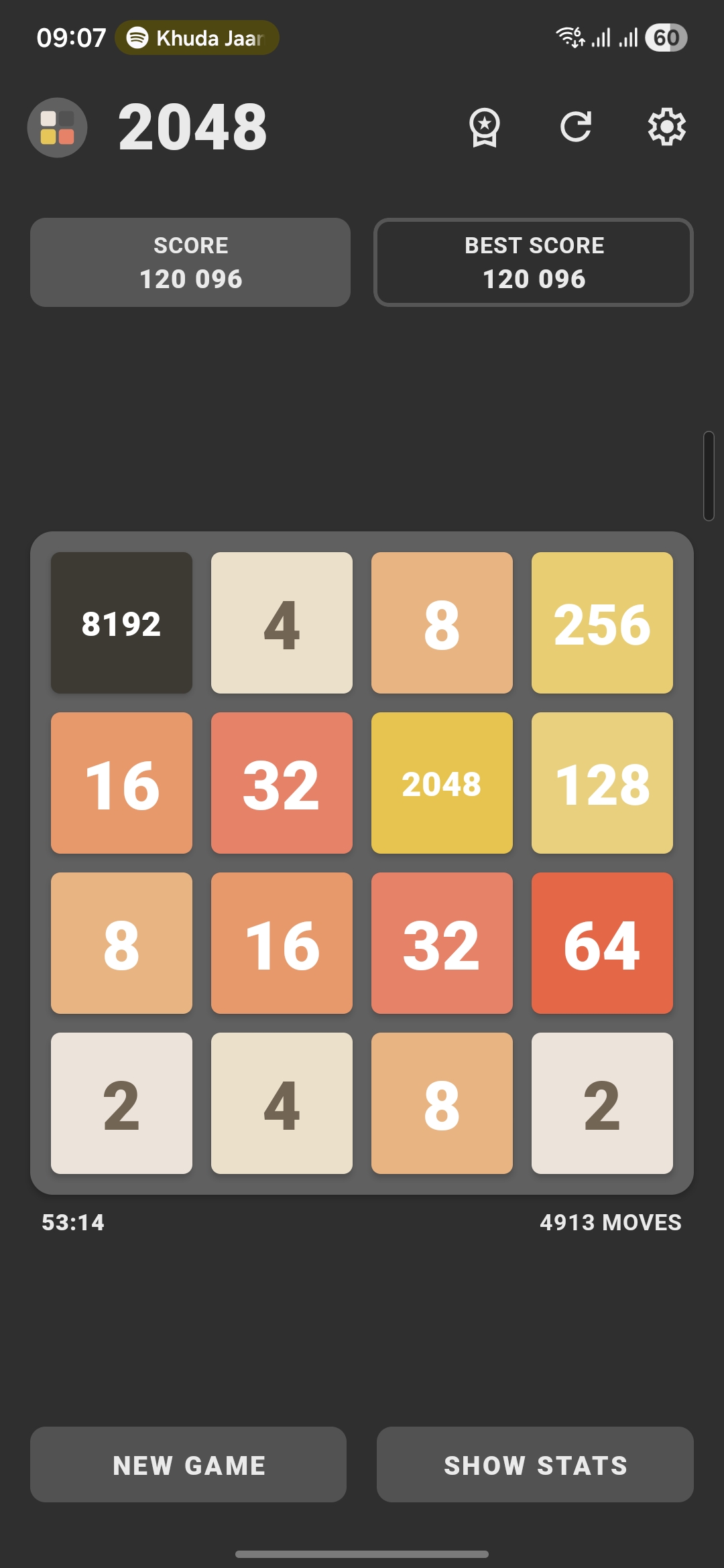 first 8,192 tile achieved in 4913 moves